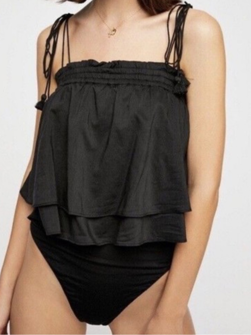 Free People Black Tiered Tassel Tie Bodysuit